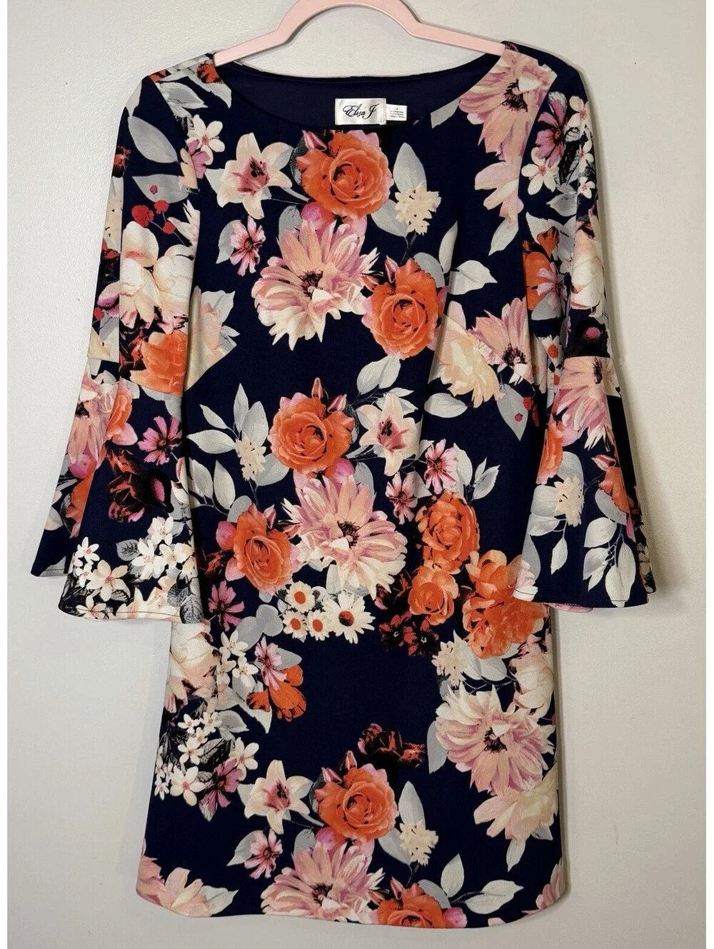 Eliza J Colorful Floral Print Bell Sleeve Shift Dress Career Wedding Guest 6 EUC